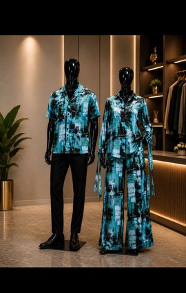 Matching Couple's Turquoise Abstract Print Set