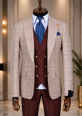 Costume de mariage formel de luxe pour homme 3 pièces à carreaux beige – Coupe sur mesure
