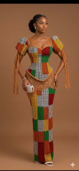 Robe corset en patchwork géométrique Ankara avec bordures en dentelle beige chaud