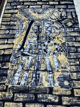 Batik Adire avec art dessiné à la main (Crème/blanc/noir)