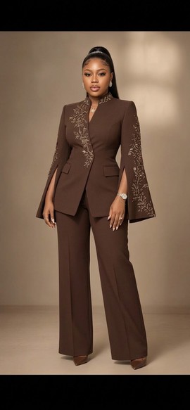 Ensemble de luxe pour femme 2 pièces marron chocolat brodé à manches fendues