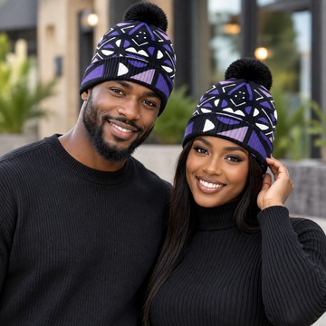 African Tribal Mudcloth Print Knitted Hat With Pom-Pom | African Pattern Fashion | Bynelo