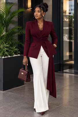 Women's Burgundy Wrap Blazer with Draped Sash &amp; White Wide-Leg Trousers Set