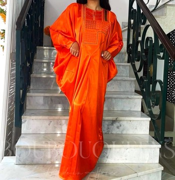 African Boubou dress for women "Khadija" Orange silk — With headscarf