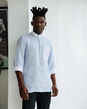 An Egyptian Cotton Linen, front flap, white and blue pencil stripe casual shirt.
