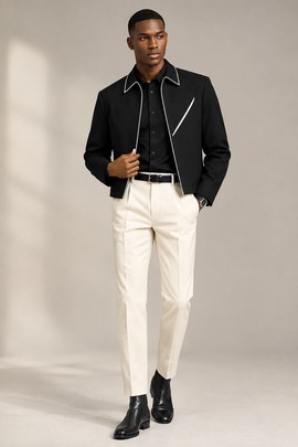 Ensemble veste noire passepoilée pour homme et pantalon tailleur crème