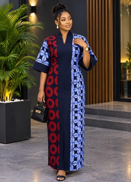 Women's Navy, Red &amp; Blue Mixed Print Ankara Maxi Dress – Relaxed Fit V-Neck Kaftan Dress