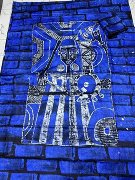 Adire en coton doux avec graffitis dessinés à la main (bleu)