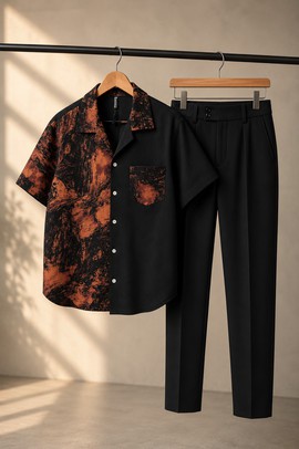 Ensemble deux pièces pour homme à imprimé tie-dye noir et rouille – Chemise colorblock à manches courtes et pantalon assorti