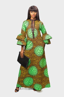 chinese dress ladies Green Black African Ankara Long Sleeve Fitted Dress With Lace –  Africanclothinghub main image 1