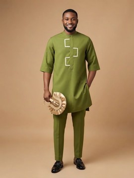 Olive Green Men's Kaftan and Trousers Set with Geometric White Details