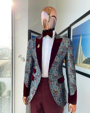 A floral paisley suit, mahogamy red soaked Italian velvet peak lapel suit