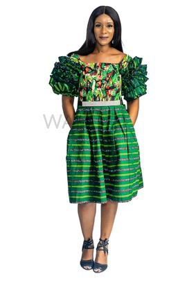 African Print Green Ruffled Sleeve Dress, Ankara Dress, Kitenge dress, African Womens Clothing