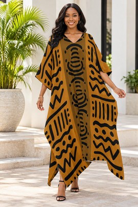 Robe midi à col en V et manches courtes pour femme en imprimé africain | Robe midi en imprimé africain | Bynelo