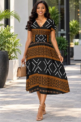 Robe midi à col en V et manches courtes pour femme en imprimé africain | Robe midi en imprimé africain | Bynelo