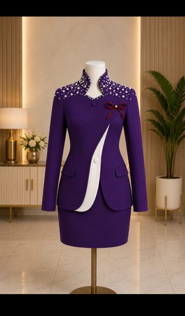 Women's Purple Pearl Embellished Blazer &amp; Skirt Set – Beaded Collar 2-Piece Suit with Bow Detail