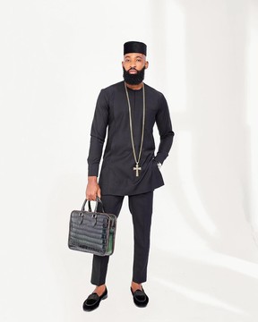 Charcoal Black African Kaftan Native &amp; Matching Hat