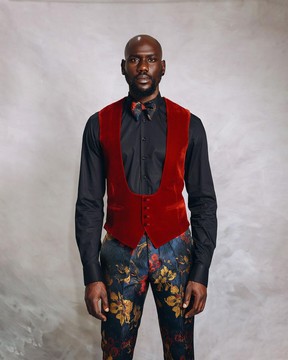 A U shaped, mahogany red waistcoat