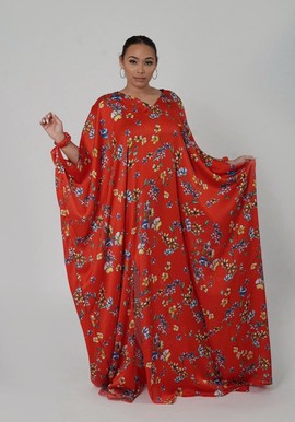 Red Floral Print Multicolor Maxi Kaftan Dress