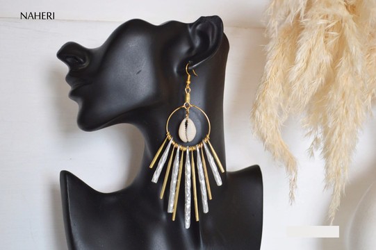 African shell and metal rod earrings
