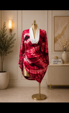 Women's Red and White Spiral Tie-Dye Wrap Front Mini Dress with Batwing Sleeves