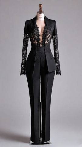 Women's Black Lace Sheer Top &amp; Wide-Leg Trouser Set – Illusion Peplum Blazer with Matching Pants