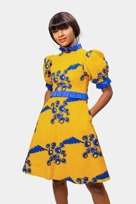 Yellow and Blue Fit and Flare African Print Ankara Dress