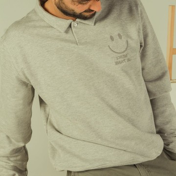 Sweat-polo Gris Loose Fit Unisexe affirmation en broderie "Merci je t'aime" Détails En Wax