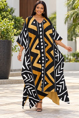 Robe midi à col en V et manches courtes pour femme en imprimé africain | Robe midi en imprimé africain | Bynelo
