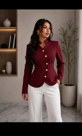 Women's Burgundy Suiting Fabric Blazer &amp; White Trousers Set – Gold Button Collarless Jacket