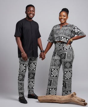Couple Matching 4-Piece Ankara Set – Black &amp; White Geometric Print