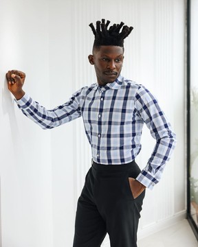 A white, navy &amp; sky blue windowpane check English spread collar shirt.