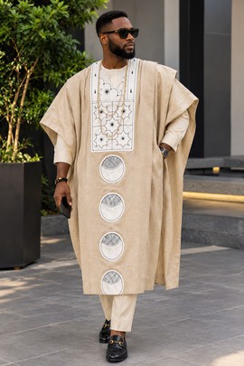 Men's Beige Agbada Set – Three Piece Embroidered Nigerian Traditional Attire with Appliqué Detail