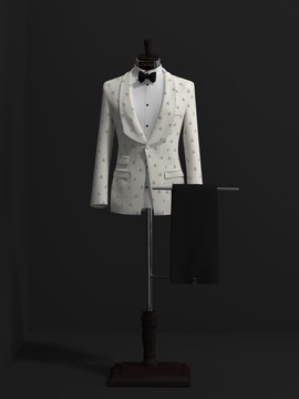 White Jacquard Stone-Embellished Tuxedo Suit