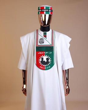 A white , LP(Labour Party) pattern embroidery Agbada