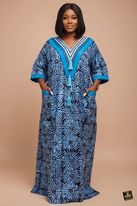 The Sky Blossom Tassel Adire Kaftan