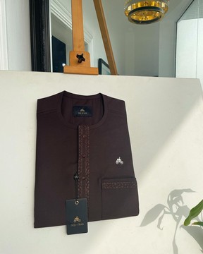 A Umber brown, rectangle lanes &amp; dotted front flap &amp; pocket embroidery detailing kaftan