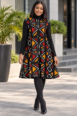 Robe tunique à col roulé en bogolan traditionnel pour femme | Mode imprimée africaine | Bynelo