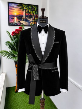 Costume de smoking royal noir à cristaux OKXEEL