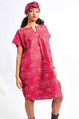 Robe Caftan Avec Poches-Imprimé Bogolan Rouge et Blanc