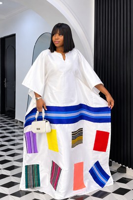 White Luxury Boubou Kaftan Gown with Multicolour Patchwork and Blue Striped Hem
