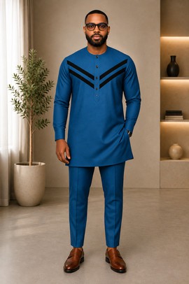Men's Blue Senator Wear with Black Chevron Stripe – Long Sleeve Native Top &amp; Trouser Set