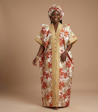 Royal Floral Brocade Kaftan with Sculpted Shoulders with Matching Headtie