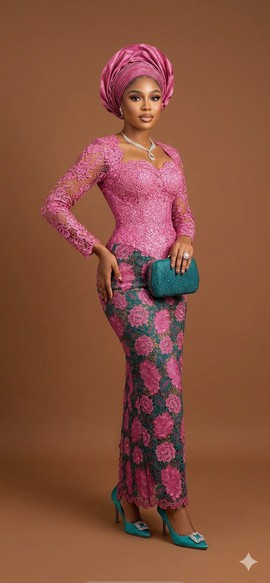 Orchid Pink and Teal Mixed-Media Cord Lace Gown