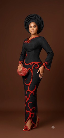 Onyx Black Aso-Oke Structural Gown with Crimson Beading