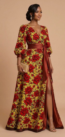 Robe longue Ankara fleurie pour femme, col en V, manches bouffantes, imprimé africain, avec lien à la taille et fente haute