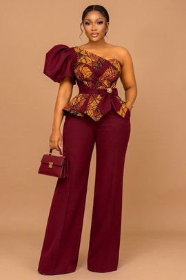 Burgundy One-Shoulder Ankara Peplum Jumpsuit