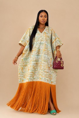 Women’s Mint Green African Print Kaftan Dress with Fringe Detail