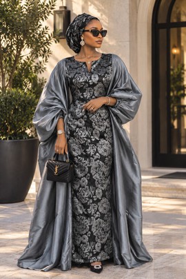 Women's Black &amp; Silver Brocade Maxi Dress with Cape Overlay – Elegant Two Piece Kaftan Set