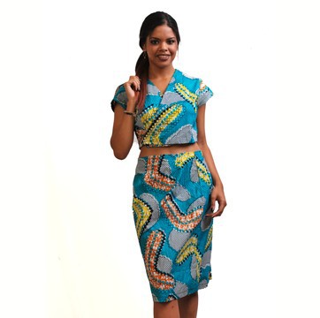Turquoise Ankara Print Crop Top &amp; High-Waisted Pencil Skirt Set